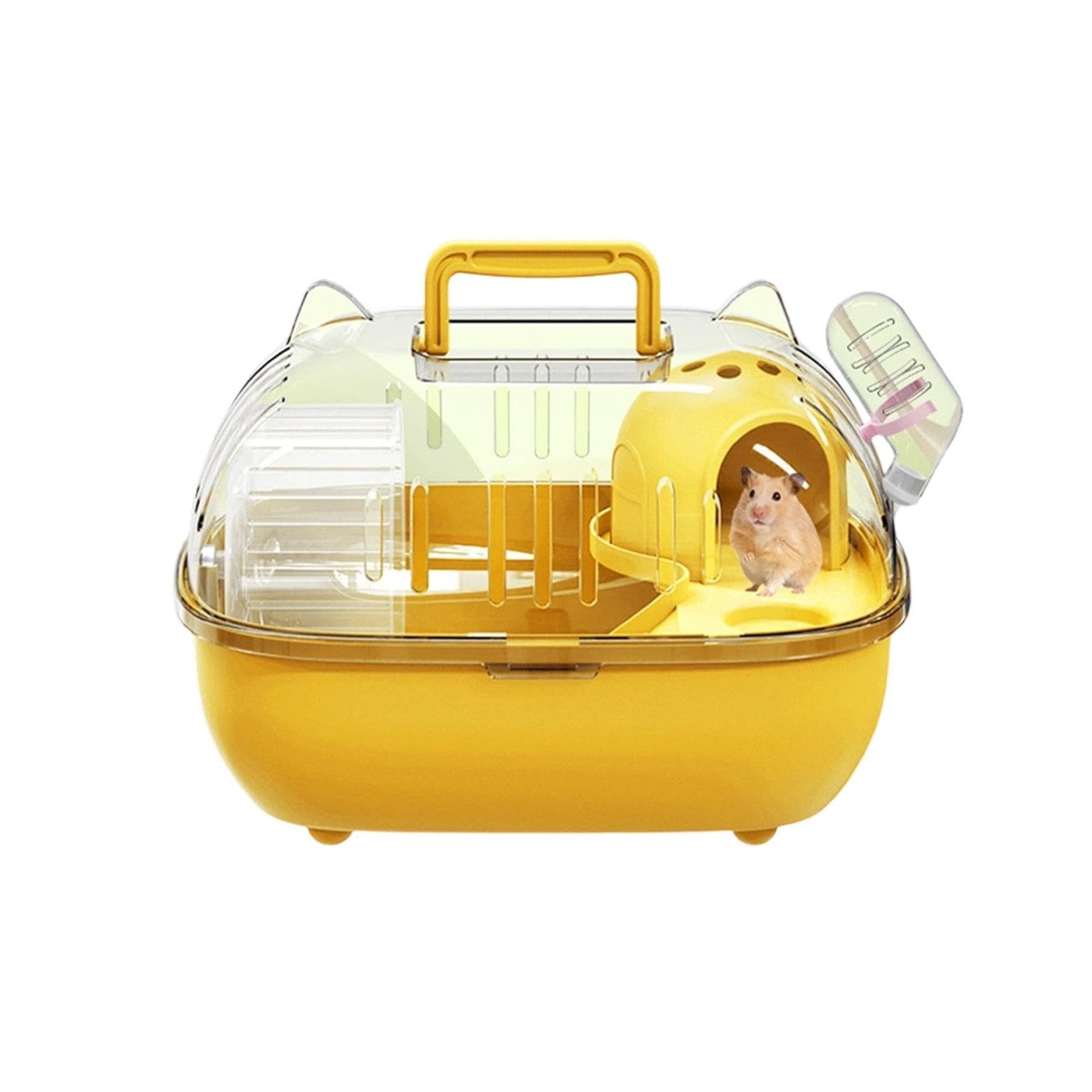 Hamster Travel Carrier, Hamster Carrier Cage with Transparent Cover, Portable Small Animal Carrier Carry Cage with Water Bottle, Suitable for Rabbits Lizards Transport Short Car Trip (Yellow)