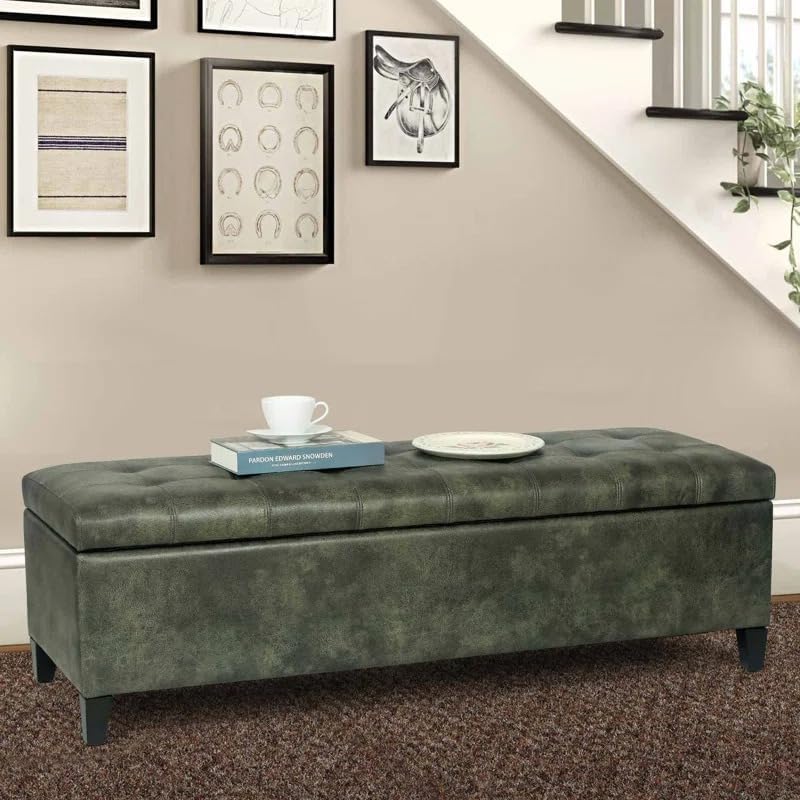 Tufted Storage Ottoman Bench, Black Faux Leather, Bedroom Furniture. (Green)-image-15