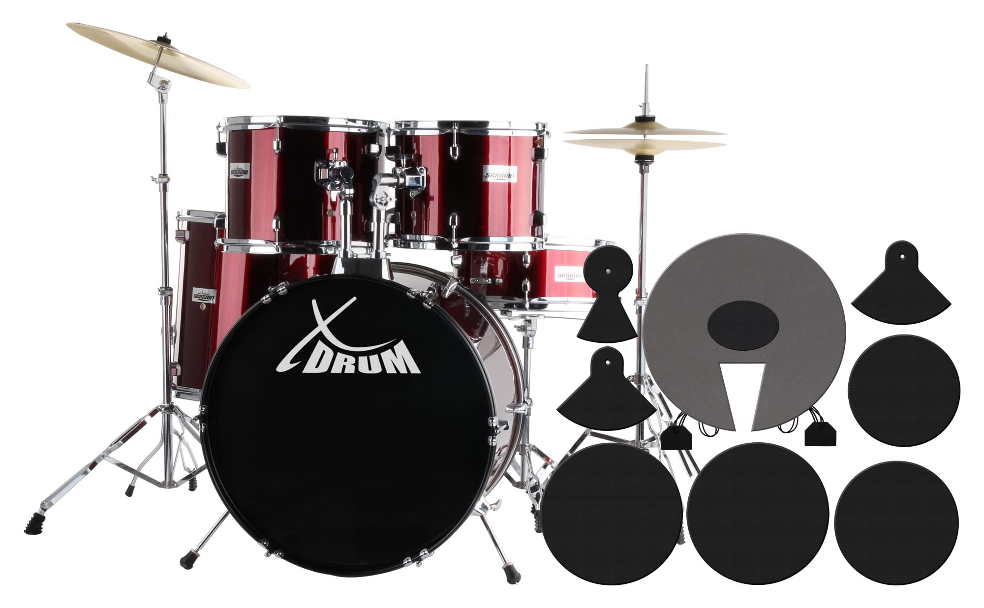 XDrum Semi 22" Standard Batteria Lipstick Red Set + Smorzatori, 16" TT | Fusti in pioppo acusticamente pregiato con pellicola speciale, Hardware a doppio rinforzo in 5 pezzi, 16" TT, 14 SN, Scuola