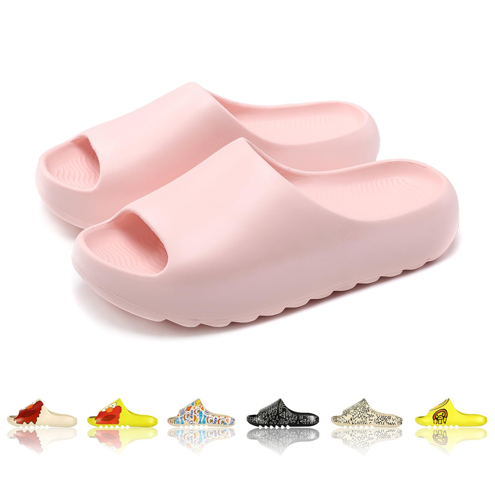 Men Women Cloud Cushion Slides EVA Pillow Slippers Cute Cartoon Print Non-Slip Shower Sandals Open Toe for Bathroom House Spa Gym Home Soft Comfy
