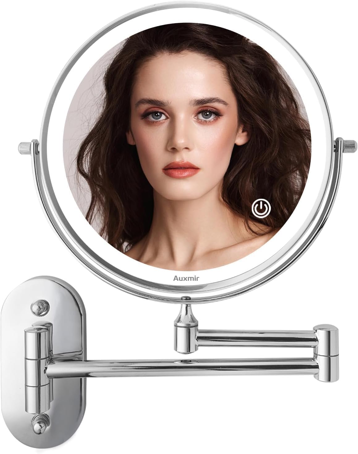 Auxmir Specchio ingranditore luminoso da parete specchio trucco con braccio estensibile, ingrandimento x5/x1, 3 modalità di illuminazione, girevole a 360°, alimentato da 4 batterie AAA (incluse)