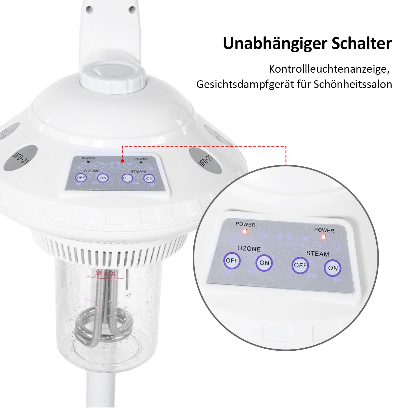 Vaporizador Facial Profesional, Vaporizador Facial Ozono Aromaterapia con Brazo Mecedora Ajustable, Rociador Vaporcon Rueda para Salón Sauna Estética Peluquería Spa 750W