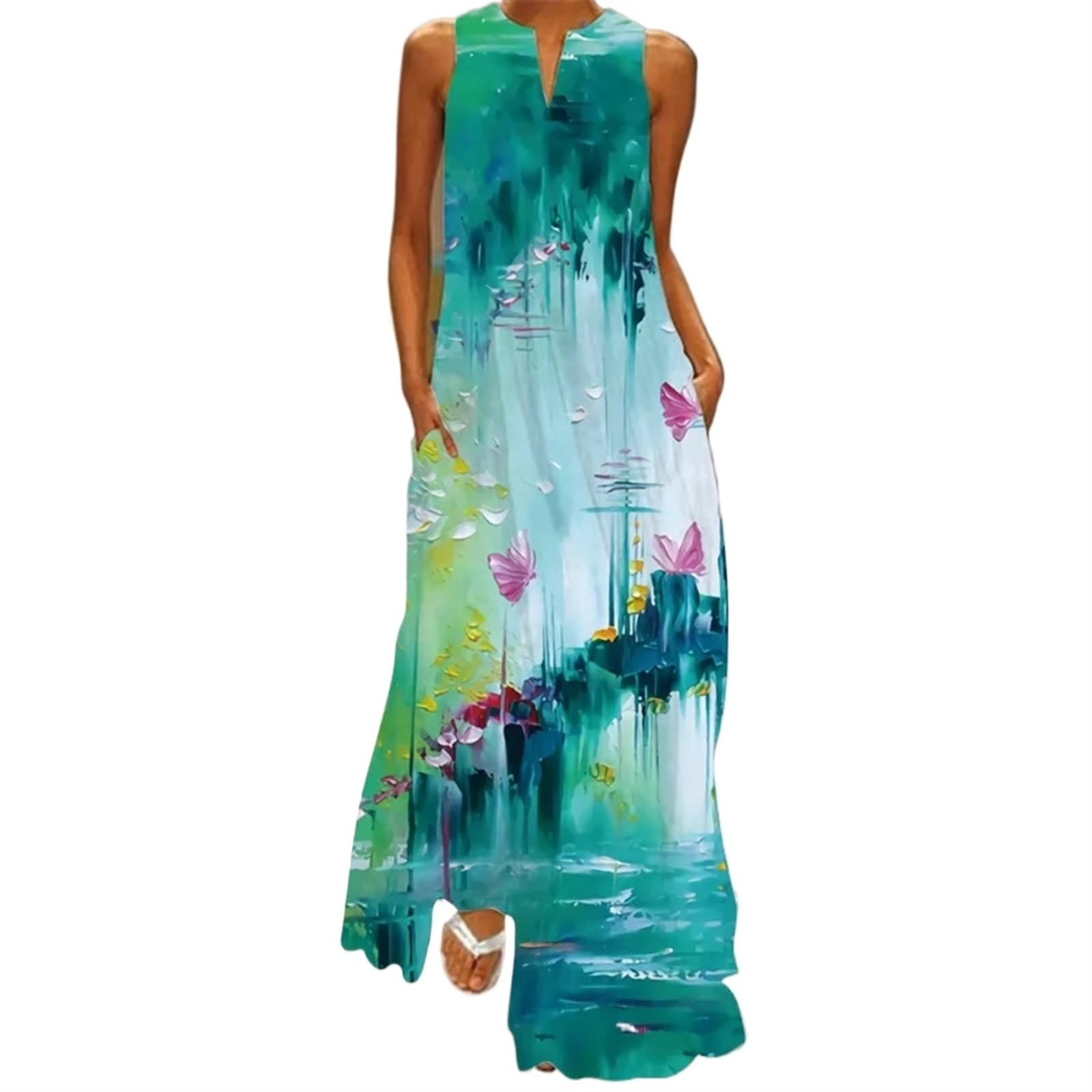 Strandkleid Damen lang Sommer Strand Rock für Damen V-Ausschnitt ärmelloses Kleid für Frauen Sonnenkleid Retro Print Lange Kleider mit Tasche