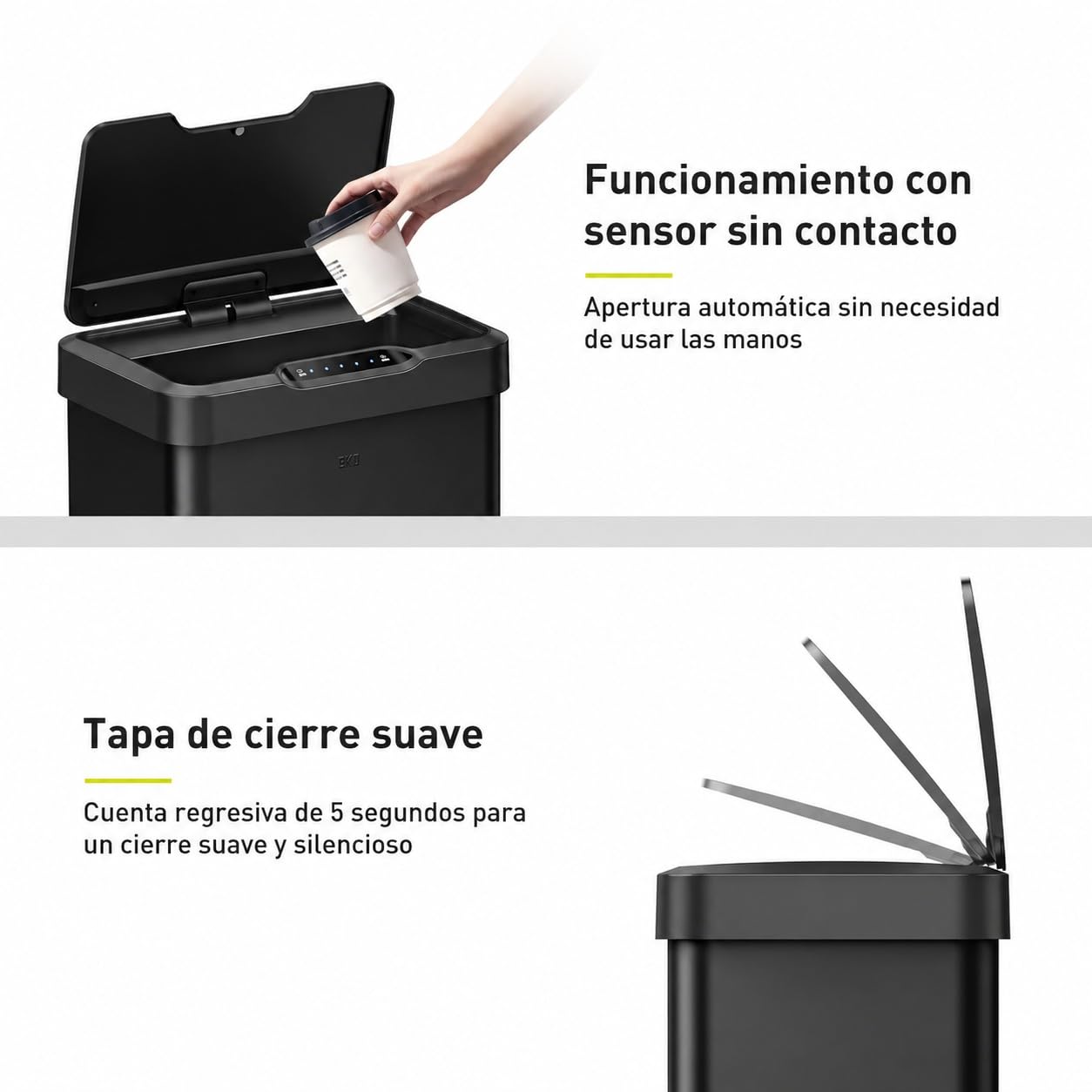 EKO Mirage-T - Cubo de basura rectangular con sensor de movimiento sin contacto de 50 litros/13.2 galones, acabado de acero inoxidable cepillado (negro mate)