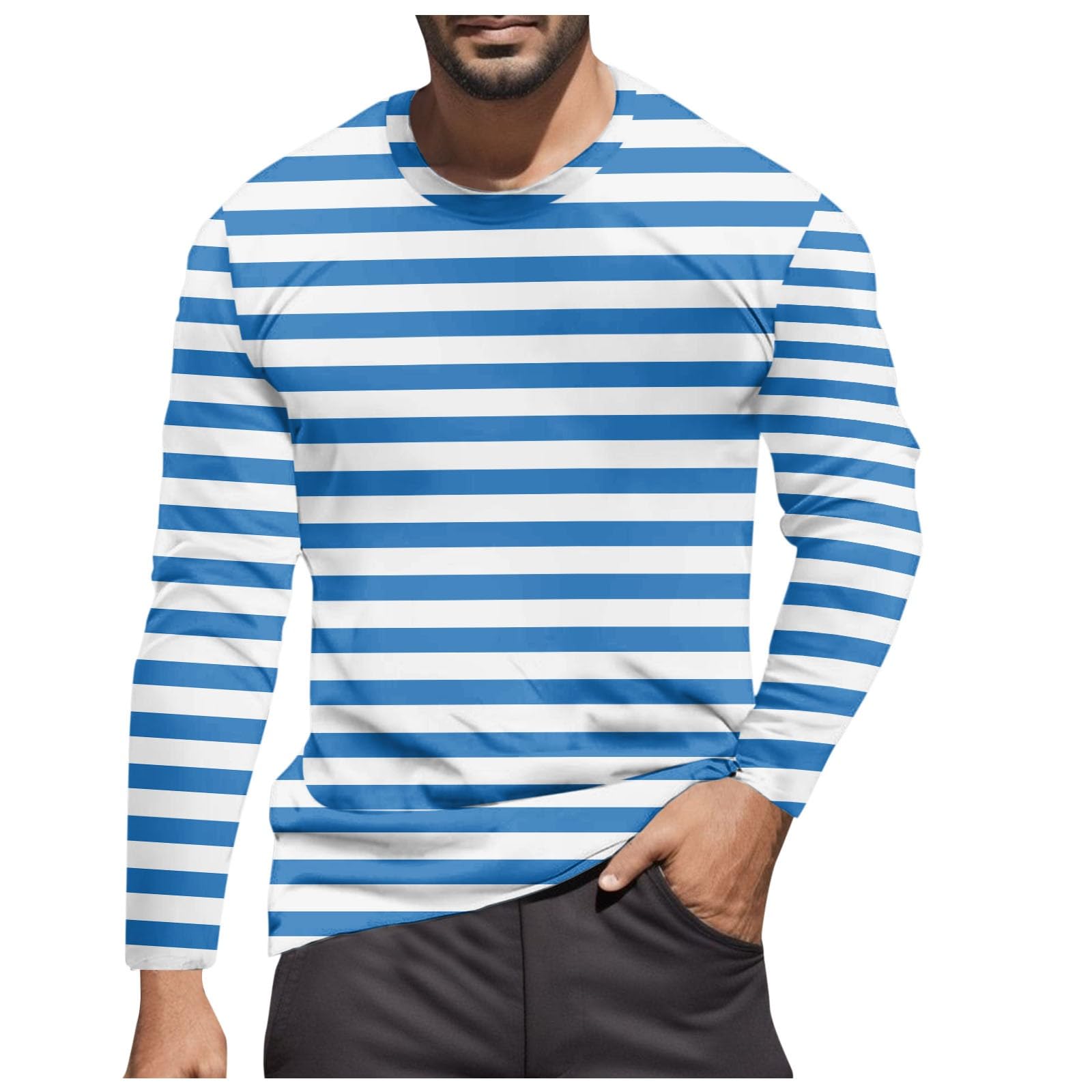 Striped Shirt Men Women Red White Long Sleeve T-Shirt Carnival Long Sleeve T-Shirt Horizontal Stripes Wide Stripes Fine Stripes Crew Neck Leisure Top Striped Shirt Fancy Dress Costumes, Blue-10, XXL