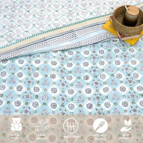 Image of TOAIArt Premium Jaipuri Dohar | AC Blanket Summer Quilt | Hand Block Printed | 3 Layers | Reversible | 150GSM 100% Mulmul Cotton | 100% Cotton Flannel Filling | Queen 90 inch X 108 inch |Small Blue Jaal