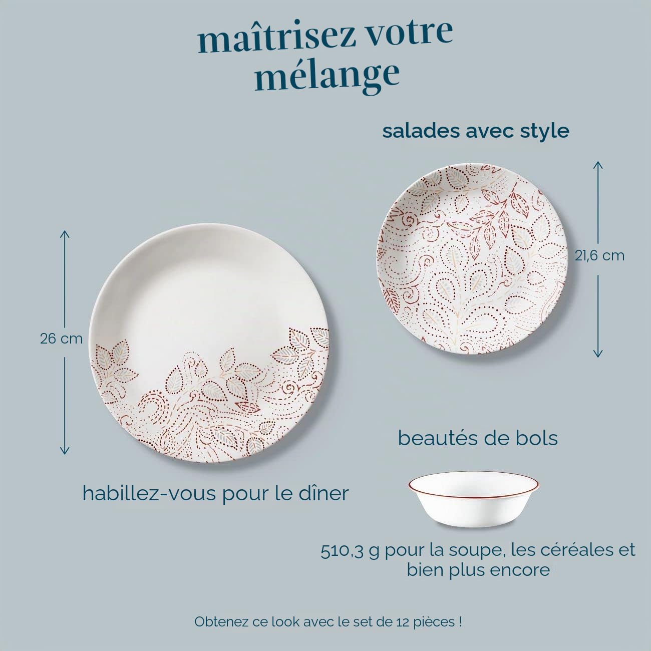 Corelle Leaf Stitch Service de table 12 pièces pour 4 personnes Rouge