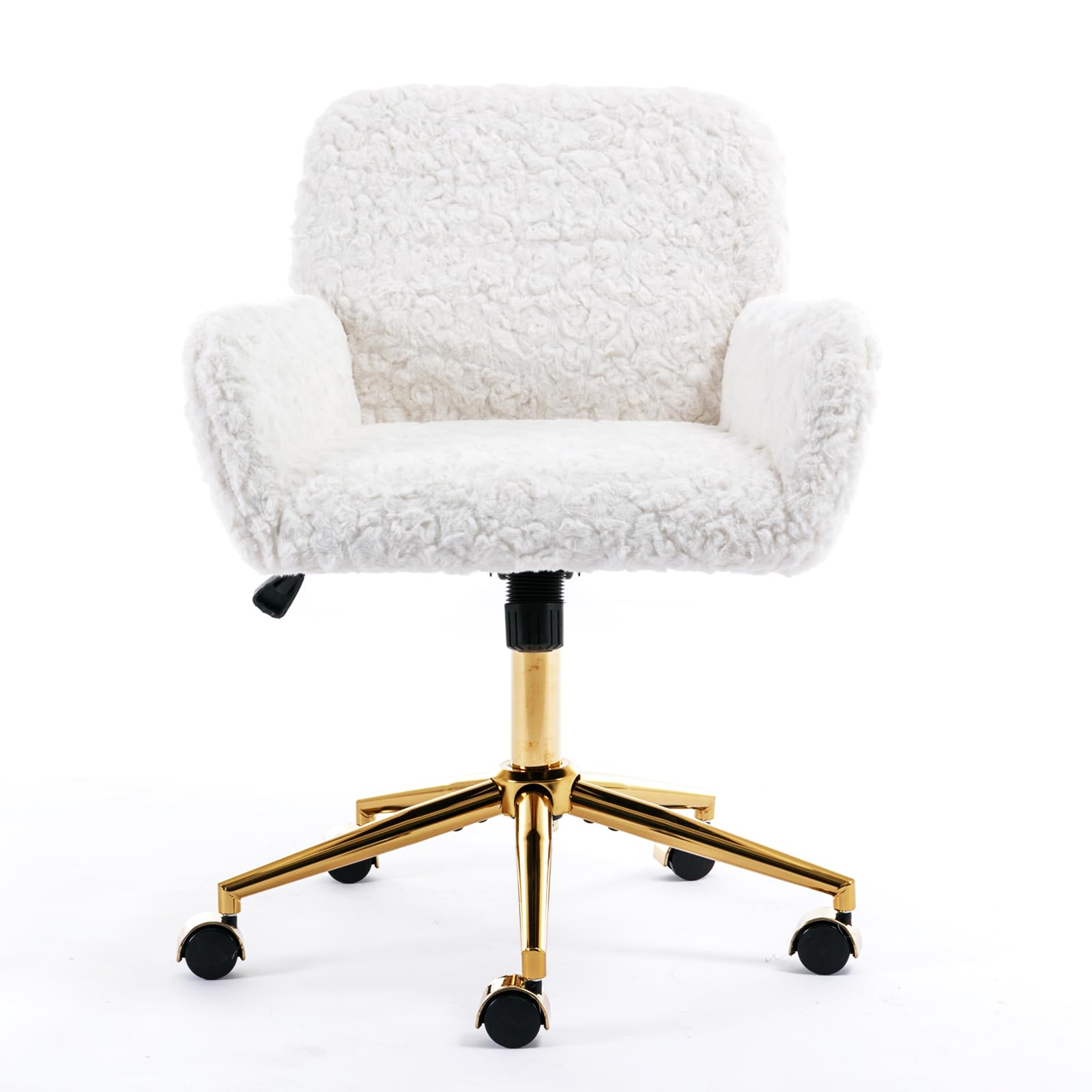 Shenyon White Desk Chair Faux Fur Vanity Chair, Comfortable Home Office Desk Chair with Wheels and Arms, Swivel Cute Office Chair Height Adjustable