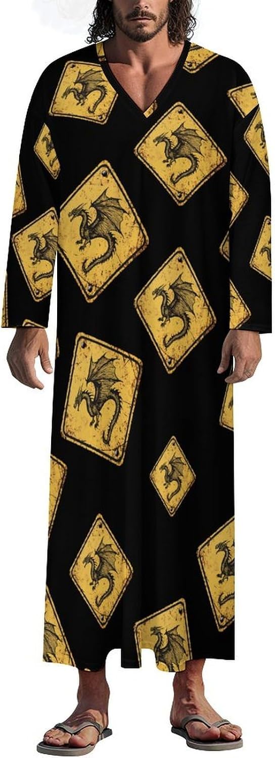 Here Be Dragons Road Sign Men's Kaftan Thobe V-Neck Robe Long Sleeve Gown Thobe for Home Outings