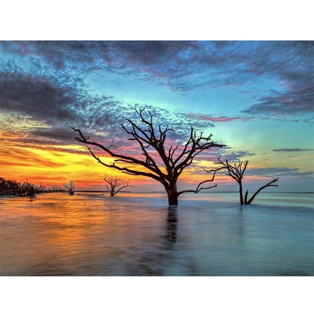 Peinture diamant lac au coucher du soleil pour animer la decoration de votre salon