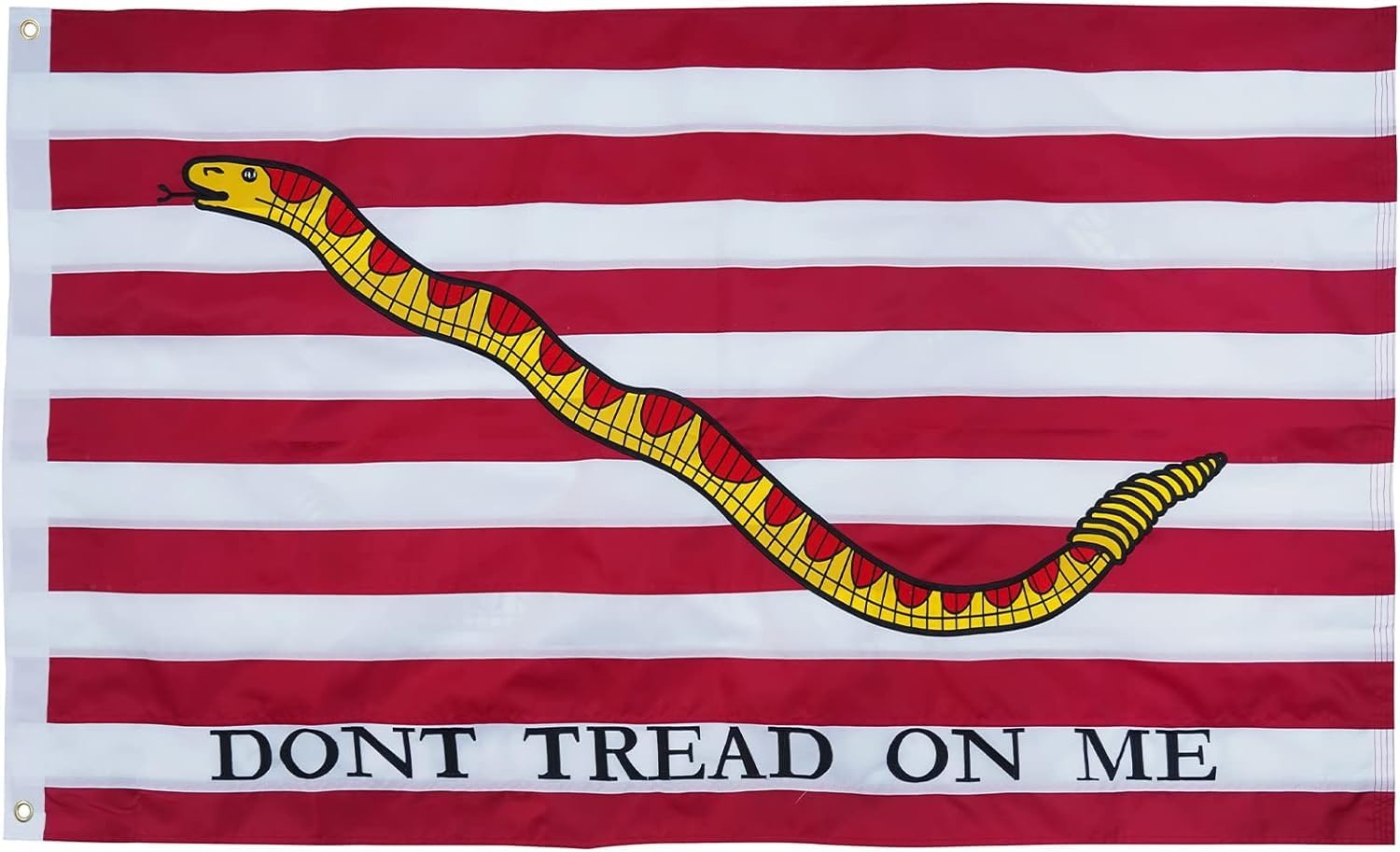 Don't Tread On Me Gadsden Red and White Striped 1st Navy Jack American Flags 3x5 Feet - Double-Sided Embroidery "Don't Tread on Me" Rattle Snake US Flag Outdoor Banner - Heavy Duty 100% 300D Nylon with 2 Brass Rust-Resistant Grommets.