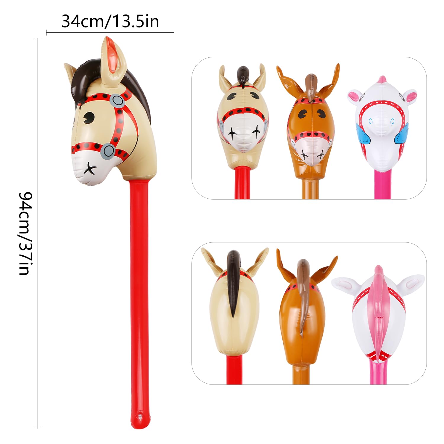 3PCS Inflatable Stick Horse,Inflatable Horse Head on Stick Horse Costume Pony/Halloween/Western Cowboy/Horse Baby Shower Birthday Party Decorations Supplies Favors Props,37 Inches Red Pink Brown