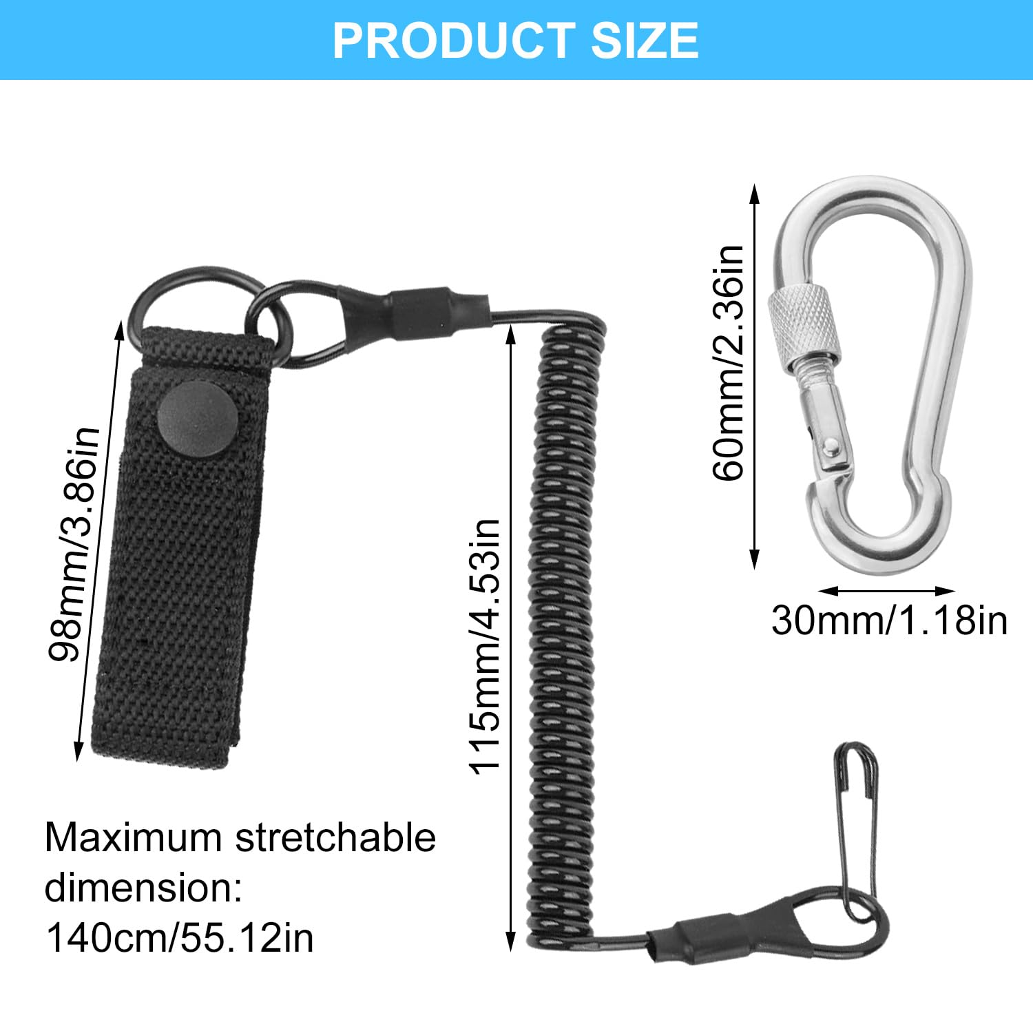 Tactical Lanyard Set, Comprend 2 Cordes Elastiques en Spirale, 2 Mousquetons, Robuste et Durable, Convient pour Le Plein Air, Le Camping, La Chasse, La Survie (Noir, Taille Moyenne)