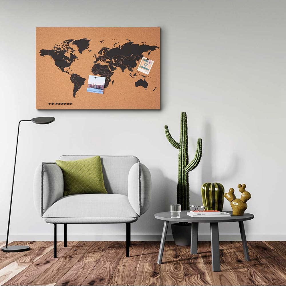 BAKAJI Panel tablicy ogłoszeń globus korkowy mapa świata mapa świata drewniana rama rozmiar 60 x 40 cm ściana ścienna nowoczesny design z 10 pinami pomysł na prezent