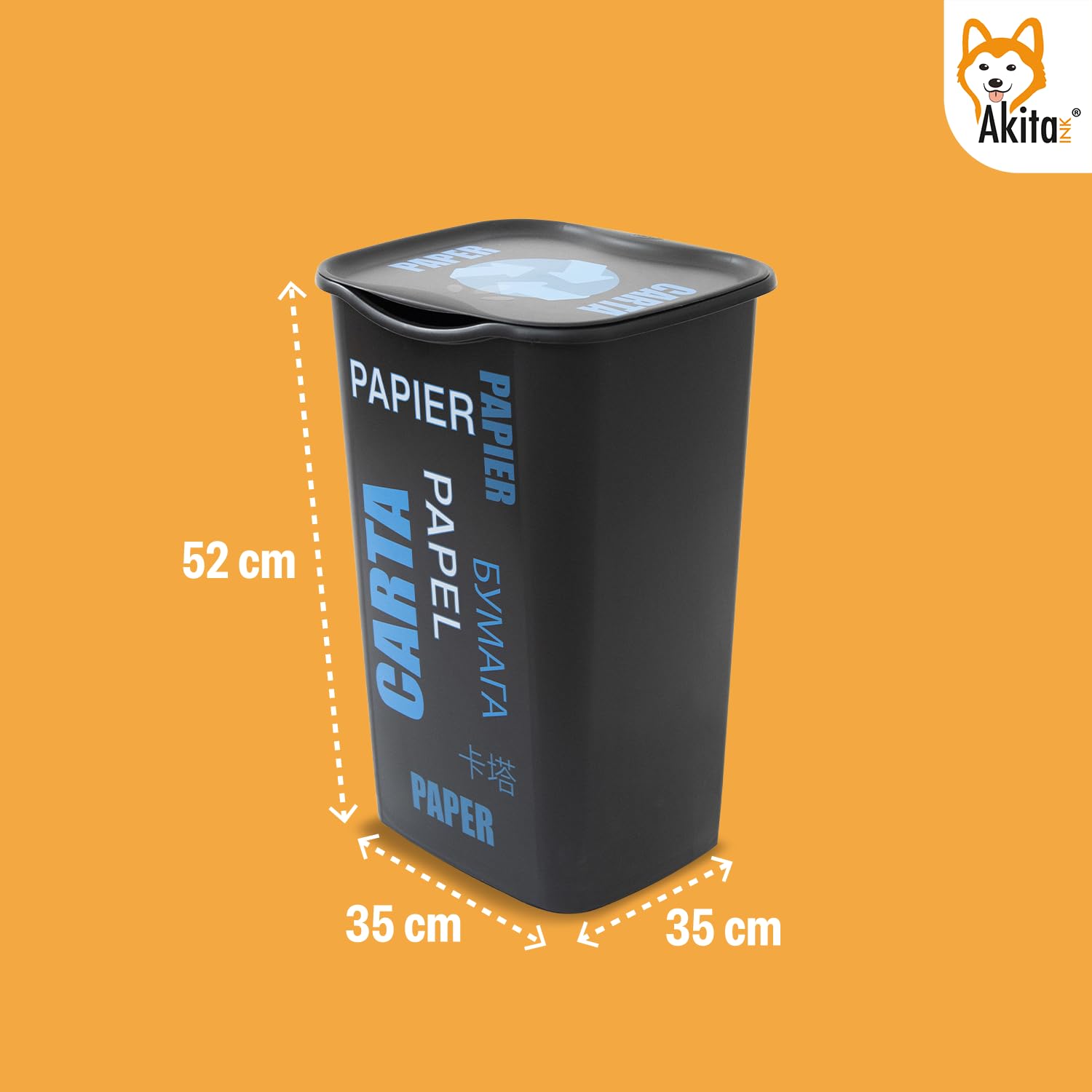 AKITAInk Set 4 Pattumiere Raccolta Differenziata con Coperchio - 50 Litri - AKIPOKERDESIGN con Scritte Carta, Plastica, Vetro, Misto | Design Funzionale e Capiente