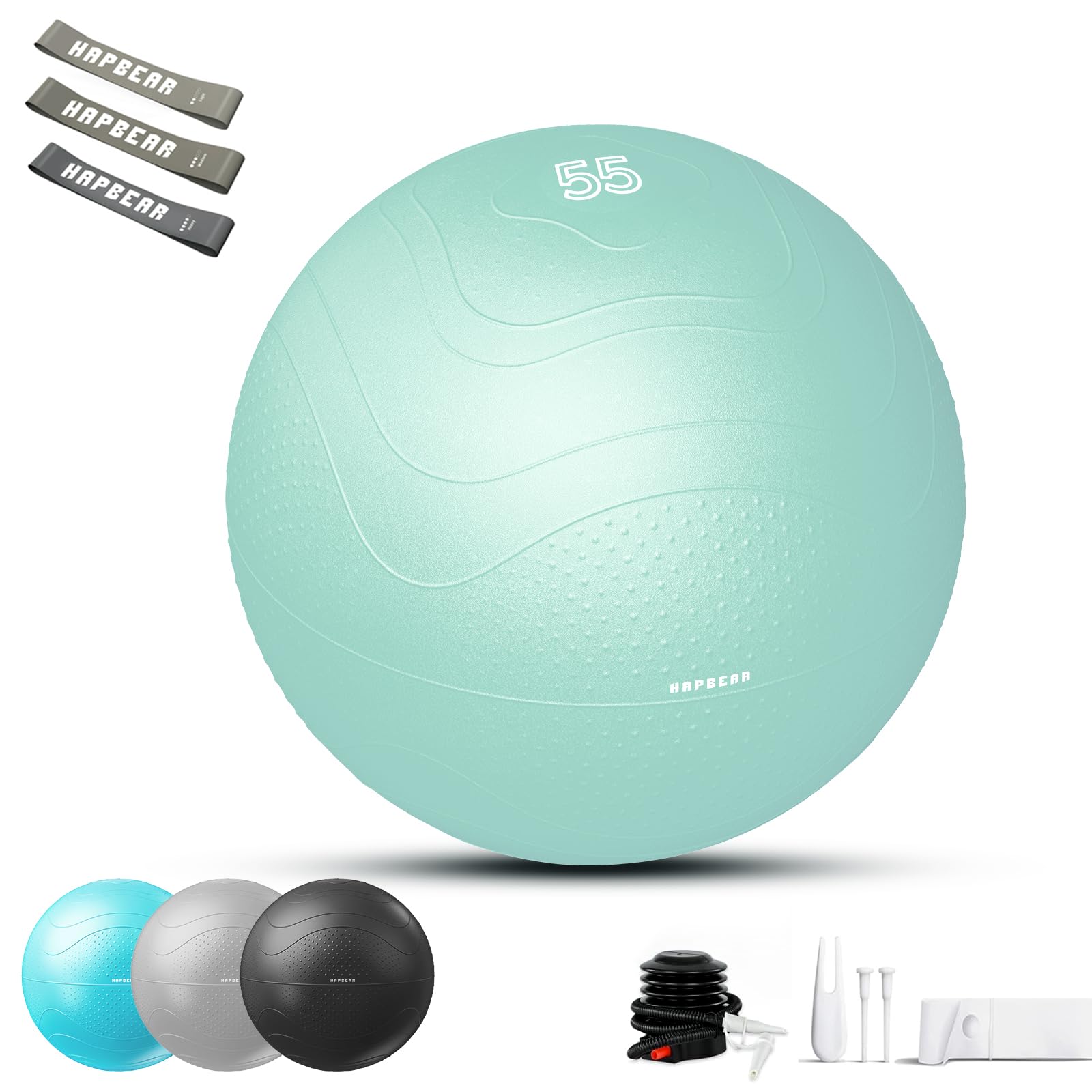 HAPBEAR Exercise Ball 48-55cm - Anti-Burst Slip-Resistant Yoga/Pilates Ball for Core Training & Posture Improvement, Home Gym/Rehab/Pregnancy Ball, Quick Pump & 3 Resistance Bands Included