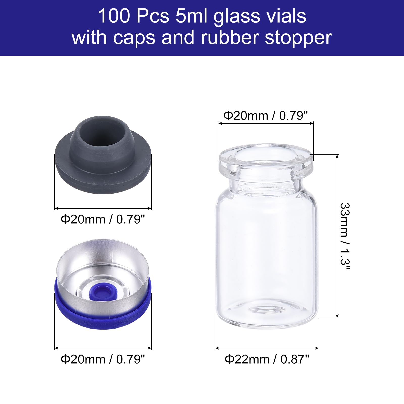PATIKIL 5ml Fiale di Vetro, 100pz Fiale Vetro Piccole Vuote Bottiglia Modello Mini Trasparente con Tappi in Gomma Portauovo per Iniezione Laboratorio Piante Trasparente