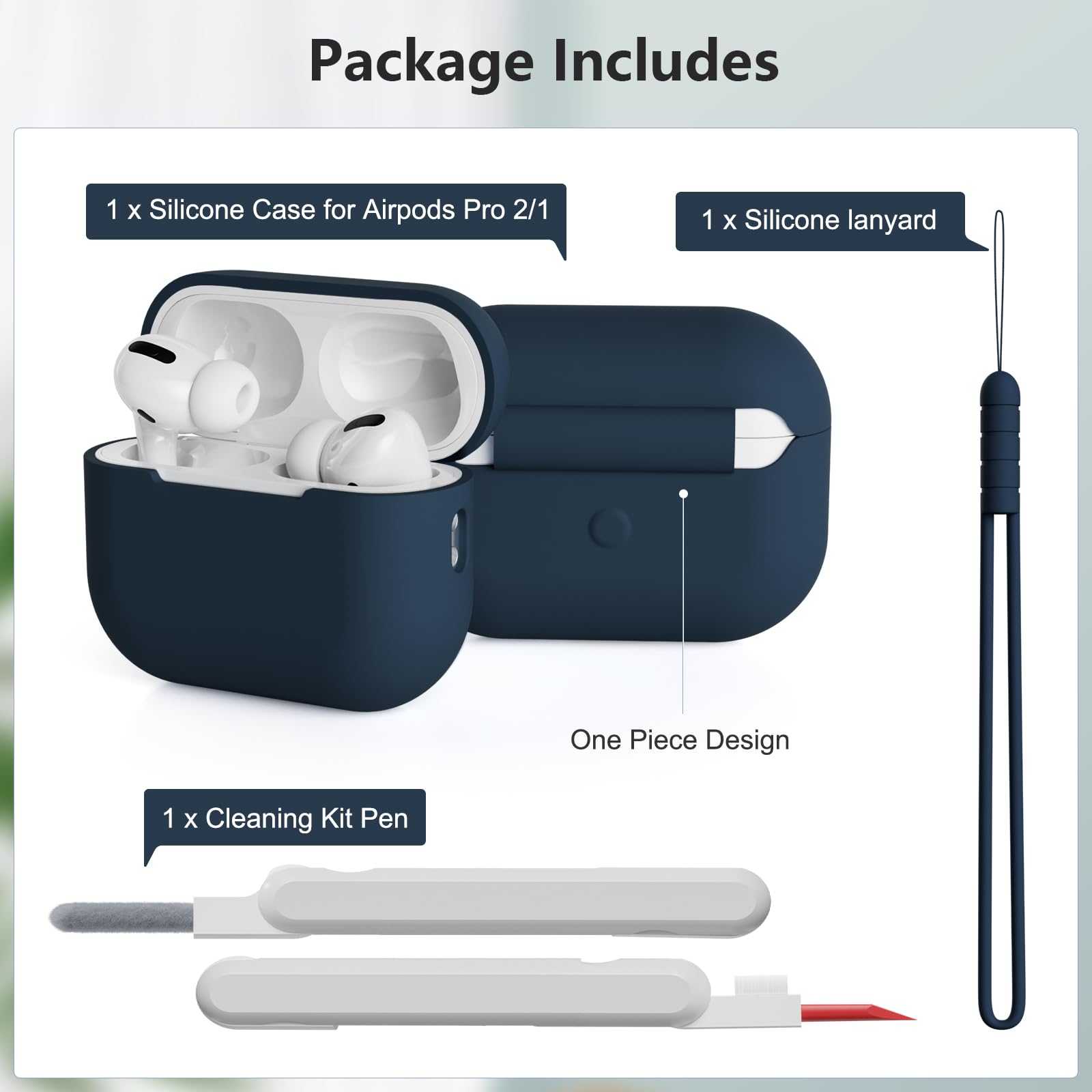 Custodia Case Compatibile con AirPods Pro 2/1 2023/2022/2019 con Kit di Pulizia e Cordino in Silicone, Case Cover Protettiva Premium in Silicone per AirPods Pro 2a/1a Generazione, Midnight Blue