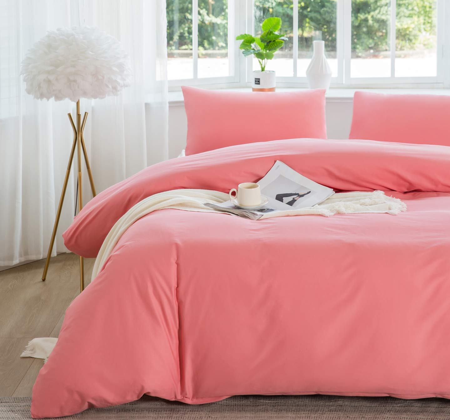 Duvet Cover Set Coral 3 Pieces Natural Cotton Queen with 2 Pillowcases Breathable Durable and Machine Washable