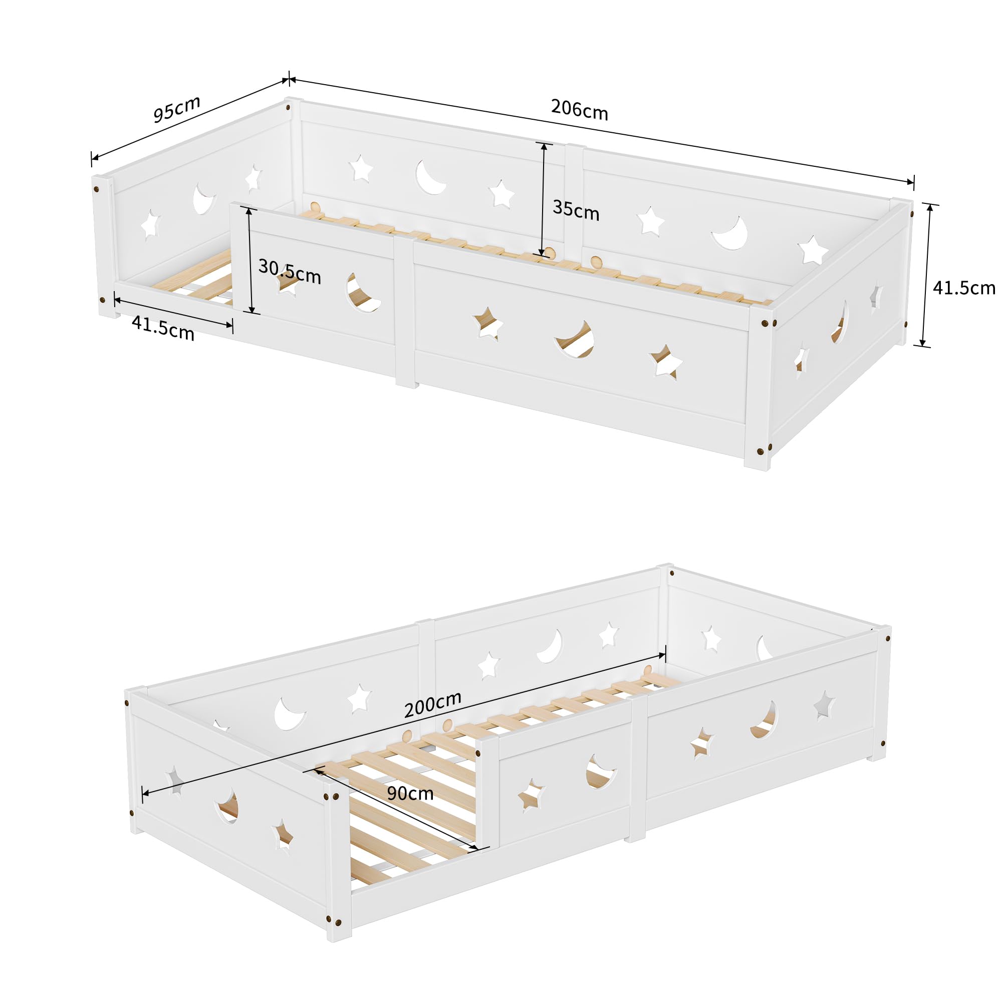 Lettino Montessori, 90 x 200 cm, letto a pavimento in legno, per bambini, con protezione anti-caduta, adatto per ragazzi e ragazze (bianco 1, 90 x 200 cm)
