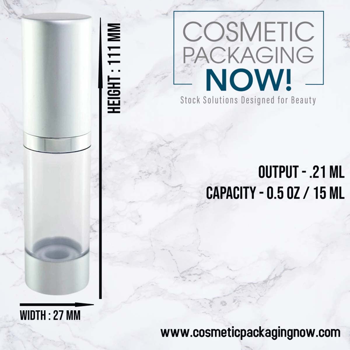 Cosmetic Packaging Now! Luxe Airless Bottle, Clear Airless Bottles w/Matte Silver Cap, Multi-Pack Bundle (15 ML, 9 Pack)
