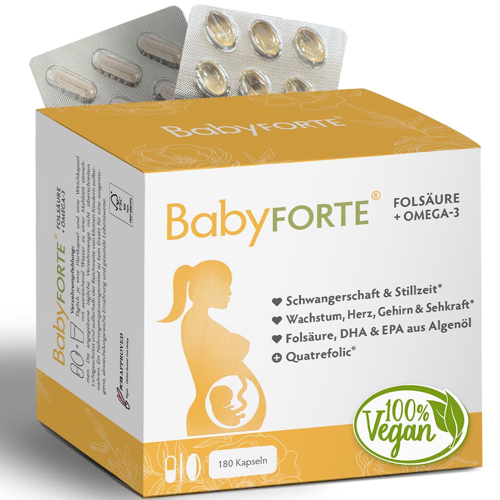 BabyFORTE® Folsäure + Omega-3 Algenöl | vegan | Trimesterbox 180 Kapseln | 18 Schwangerschaftsvitamine | Quatrefolic®, Magnesium, Jod, DHA EPA Schwangerschaft | Stillzeit
