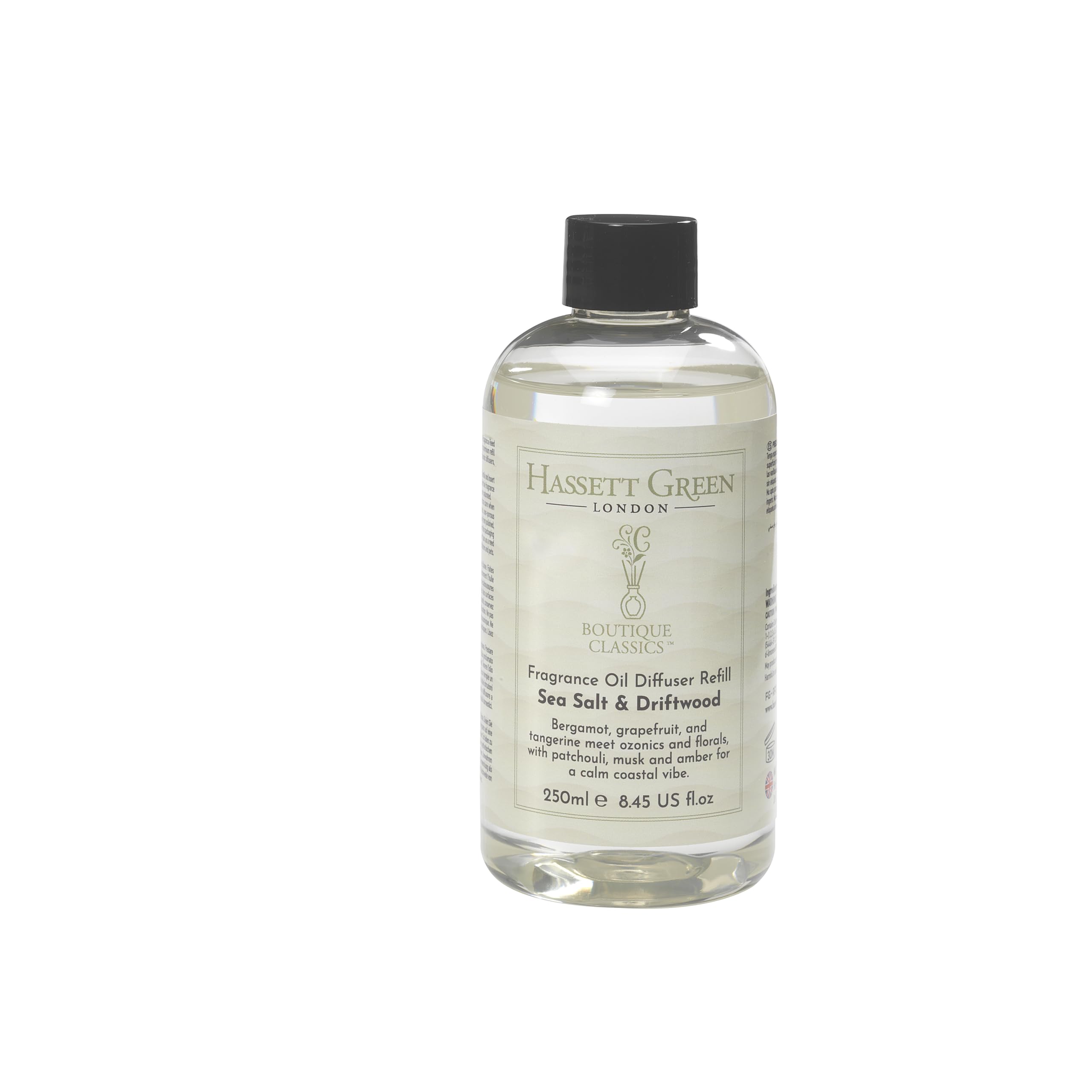 Hassett Green London Boutique Classics Sea Salt & Driftwood - Fragrance Oil Reed Diffuser Refill - Larger Size 250ml Bottle