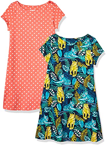 Amazon Essentials Toddler Girls' Knit Short-Sleeve T-Shirt Dresses (Previously Spotted Zebra), Pack Of 2, Blue/Orange, Floral/Stars, 2T #TOP3