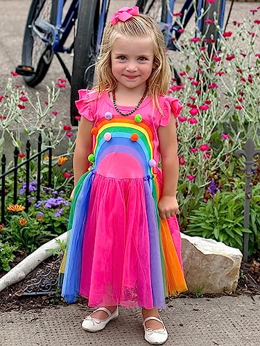 Vieille 3T Rainbow Dress for Girls Birthday Dresses 4T Rose Red Flutter Sleeve Back to School Tulle Outfits — view 4