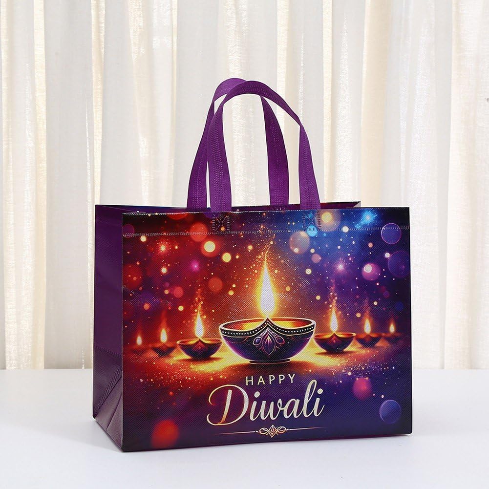 12 torebek na prezenty Happy Diwali, z włókniny, z kolorowymi nadrukami fajerwerków, wielokrotnego użytku, z uchwytem