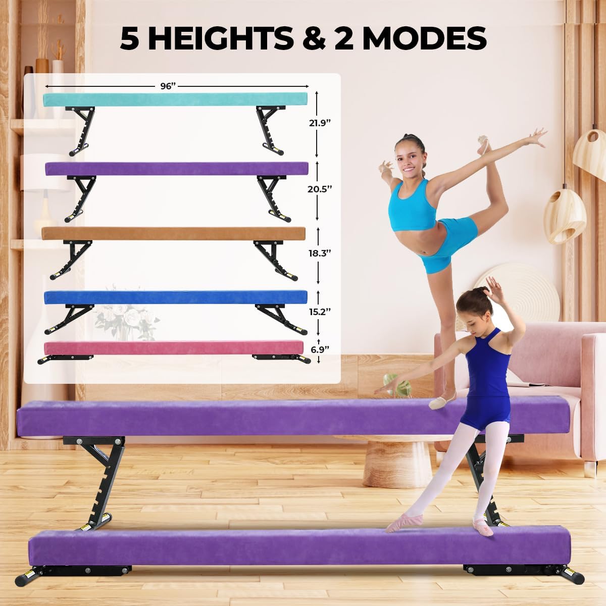 Poutre Gymnastique Enfant 244cm avec 5 Hauteurs Réglables, Niveau Haut et Bas, Poutre d'entraînement Gymnastique Equipement de Gymnastique pour Débutants et Gymnastes Professionnels avec Jambe