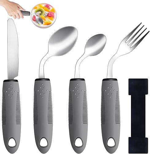 Juego de utensilios adaptativos con peso para temblores de manos, Parkinson y artritis, diseño en ángulo, agarres antideslizantes con correa para la