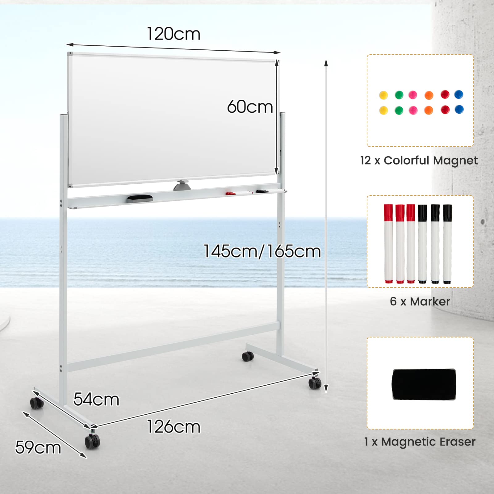 GIANTEX 120 x 60 cm Pizarra Magnética de Doble cara con Ruedas, Altura Regulable en 360° con 6 Marcadores, 12 Imanes y 1 Borrador, Pizarra Reversible para Oficina, Hogar, Escuela (Blanco)