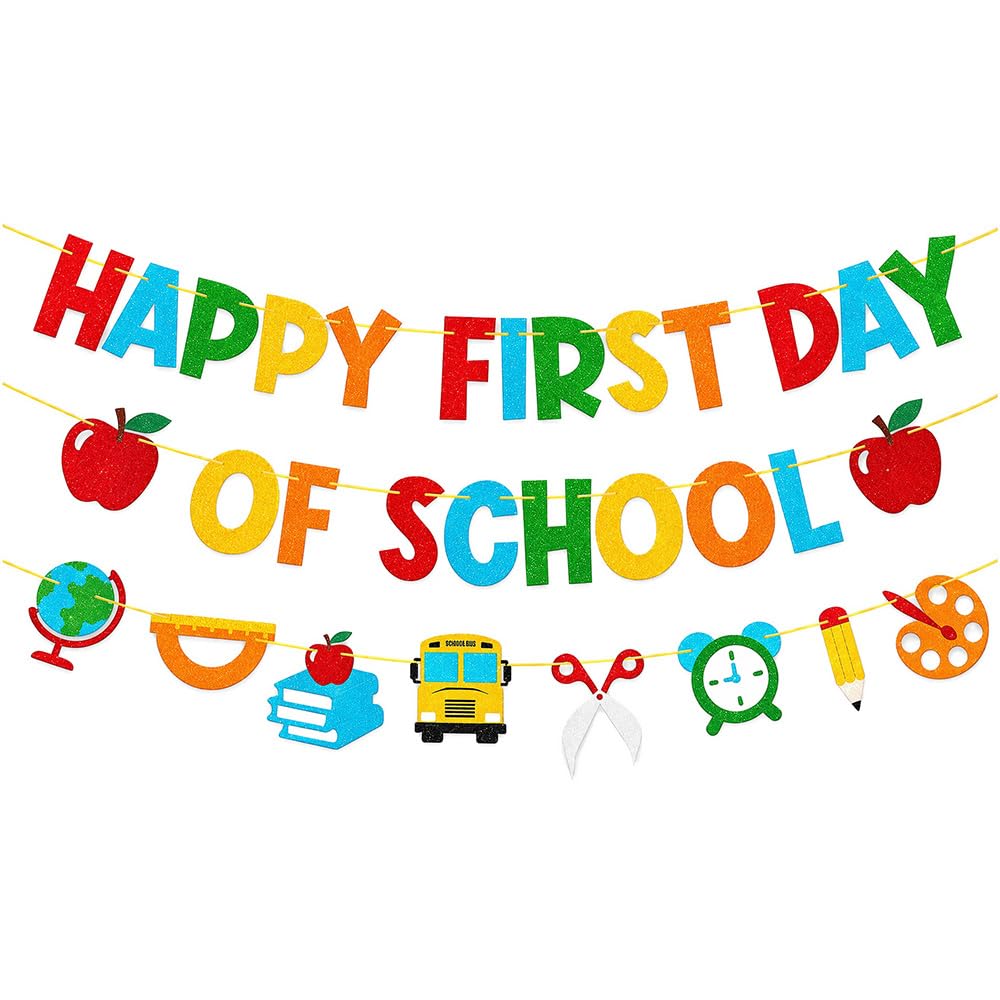 Happy First Day of School Banner, Welcome Back to School Party Decorations for Children Kids Celebrating 1st Day of School, Classroom, Party, Office, Backdrop Decor Supplies, NO DIY