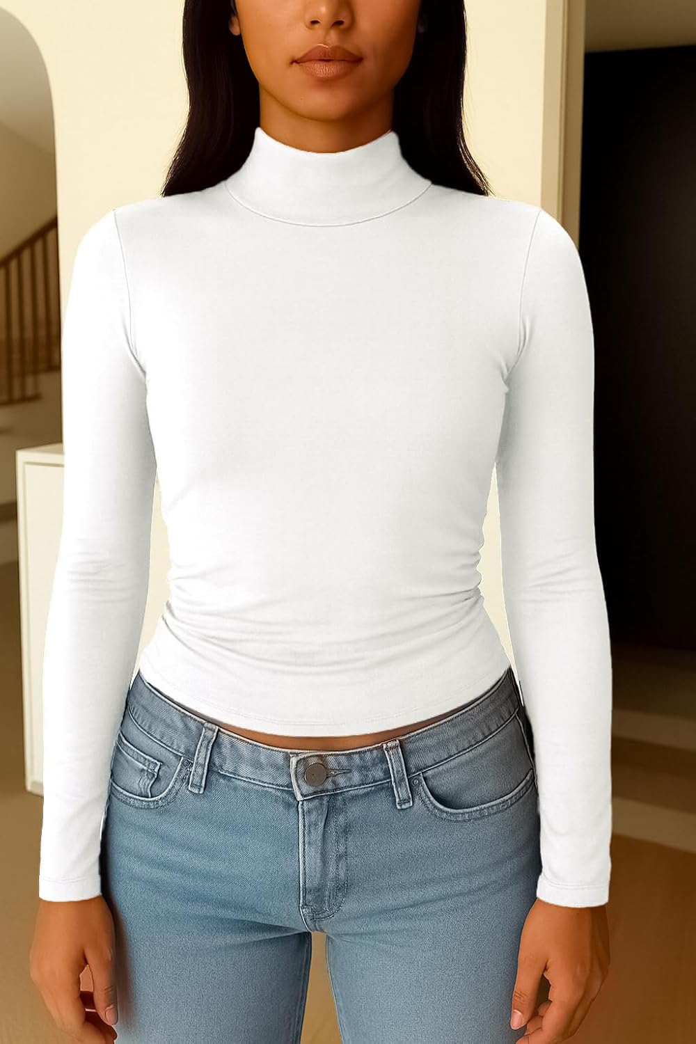 ForeFair Womens Turtleneck Mock Neck Long Sleeve Shirts Going Out Double Lined Crop Tops Slim Fitted Basic Tee - Image 6