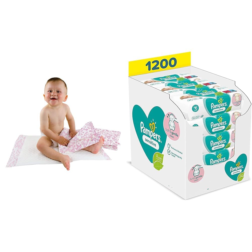 Teqler Baby-Wickelunterlagen: Wickelunterlagen mit verschiedenen Motiven für unterwegs, hygienisch mit Superabsorber 40 x 60cm (50-er Pack) & Pampers Sensitive Baby Feuchttücher, 1200 Tücher (15 x 80)