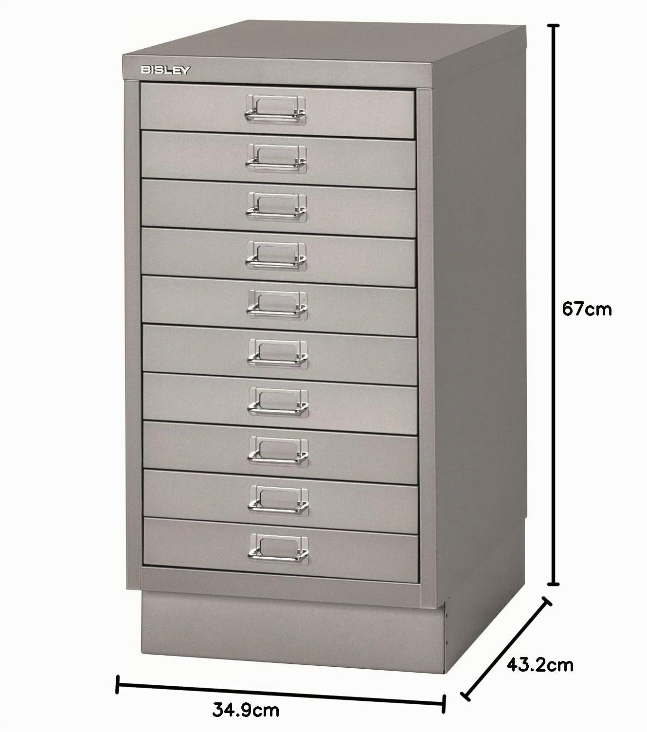 BISLEY MultiDrawer, 29er Serie mit Sockel, DIN A3, 10 Schubladen, Metall, 355 Silber, 43.2 x 34.9 x 67 cm