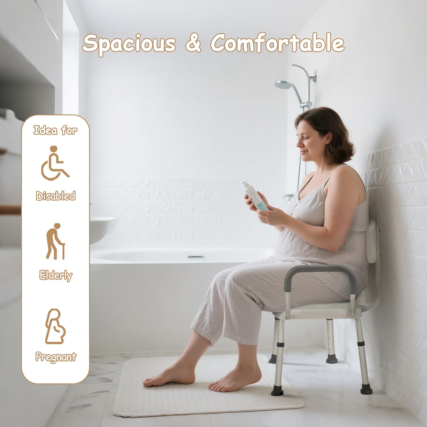 Asientos de ducha extra anchos de 61 cm para adultos con brazos y respaldo | Sillas de baño semipremontadas para personas mayores o personas grandes y altas, capacidad de peso de 150 kg.