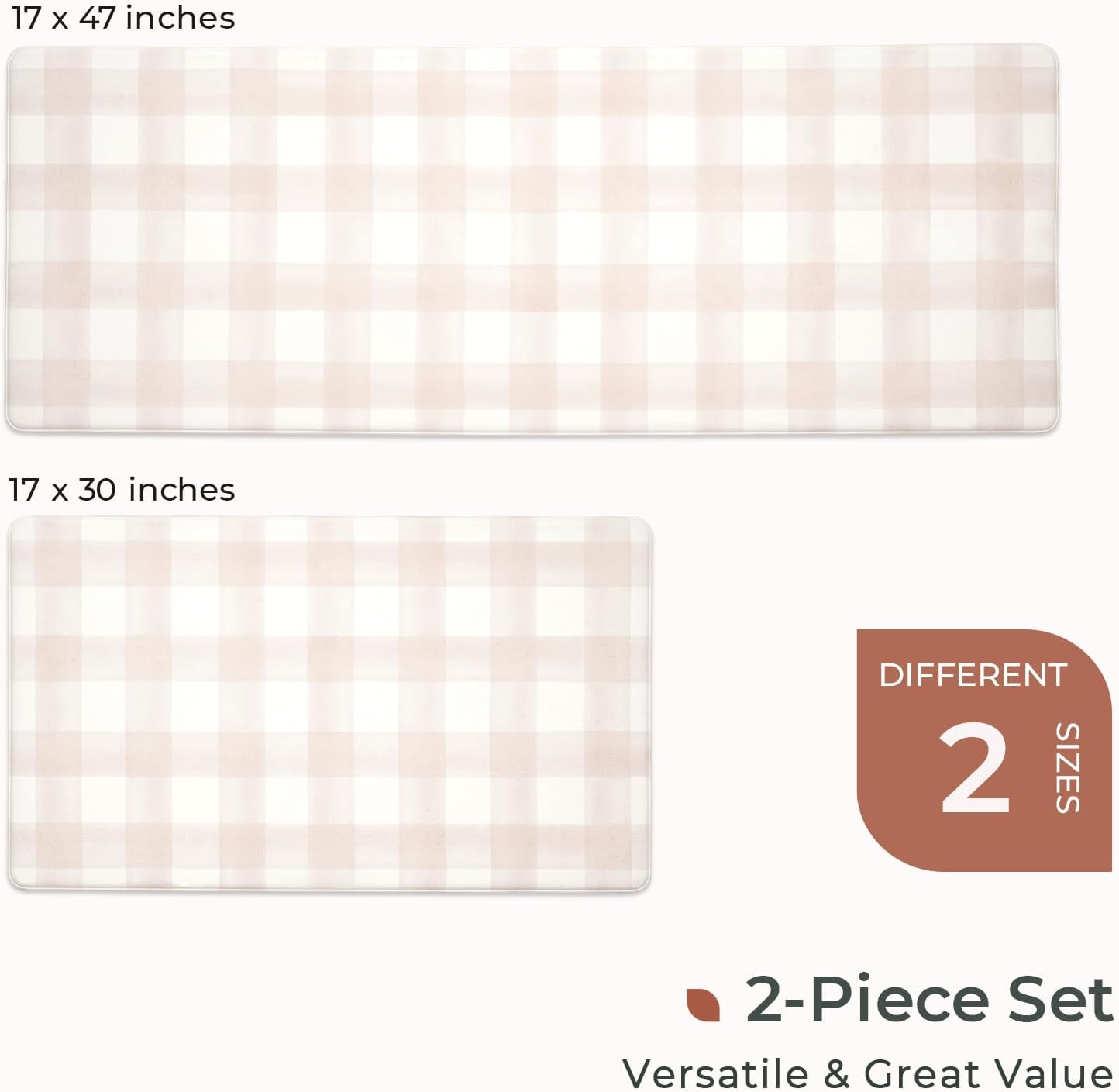 2 Pack Beige FRESHMINT Modern Farmhouse Plaid 2 Piece Set Kitchen Mats for Floor Anti Fatigue Waterproof & Non-Skid Kitchen Rugs Cushioned Kitchen Mat for Standing Washable Comfort Desk Kitchen Runners