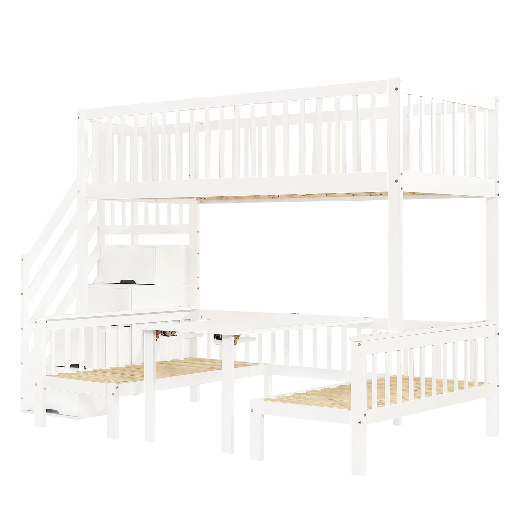 Azkoeesy Kinderbett Etagenbett mit Treppe und Stauraum, 90x200 + 120x200 cm, umbaubar in Sofa und Schreibtisch, Multifunktionales Hochbett für 2 Erwachsene und Jugendliche, Kiefernholz, weiß