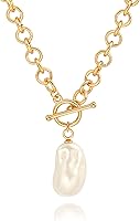 PEARLADA 18k Gold Plated Baroque Pearl Pendant Necklace for Women - Chunky Chain Toggle Statement Jewelry