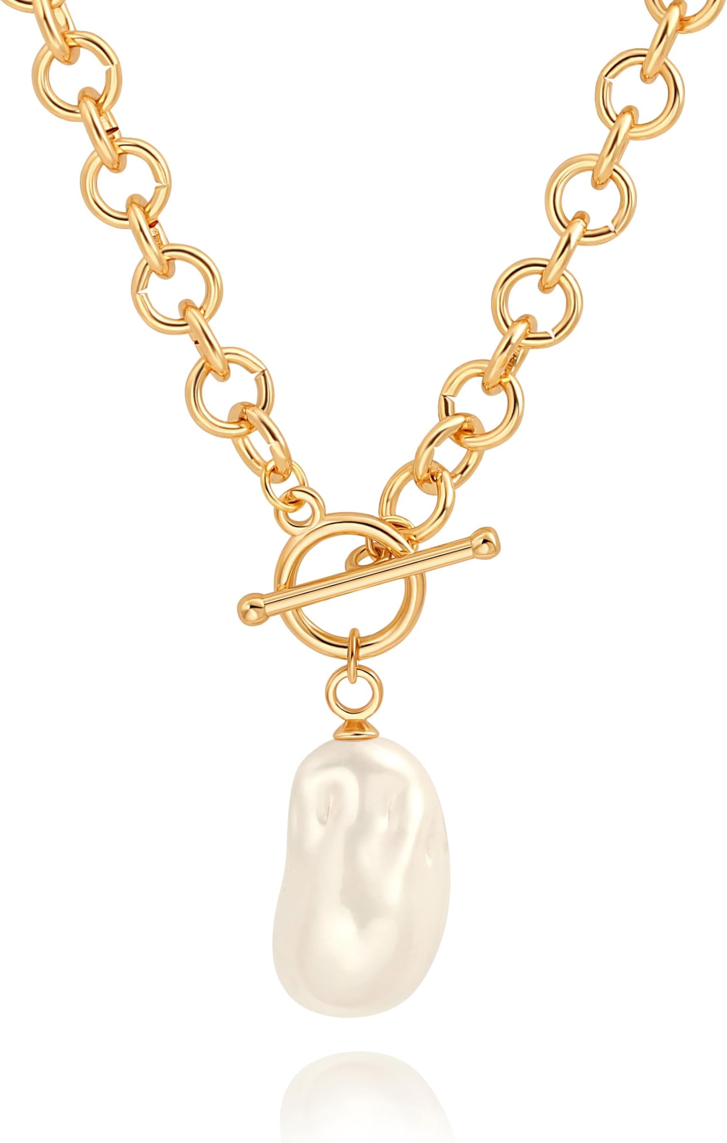 18k Gold Plated Chain Link Necklace for Women, Baroque Pearl/Compass Pendant Necklace