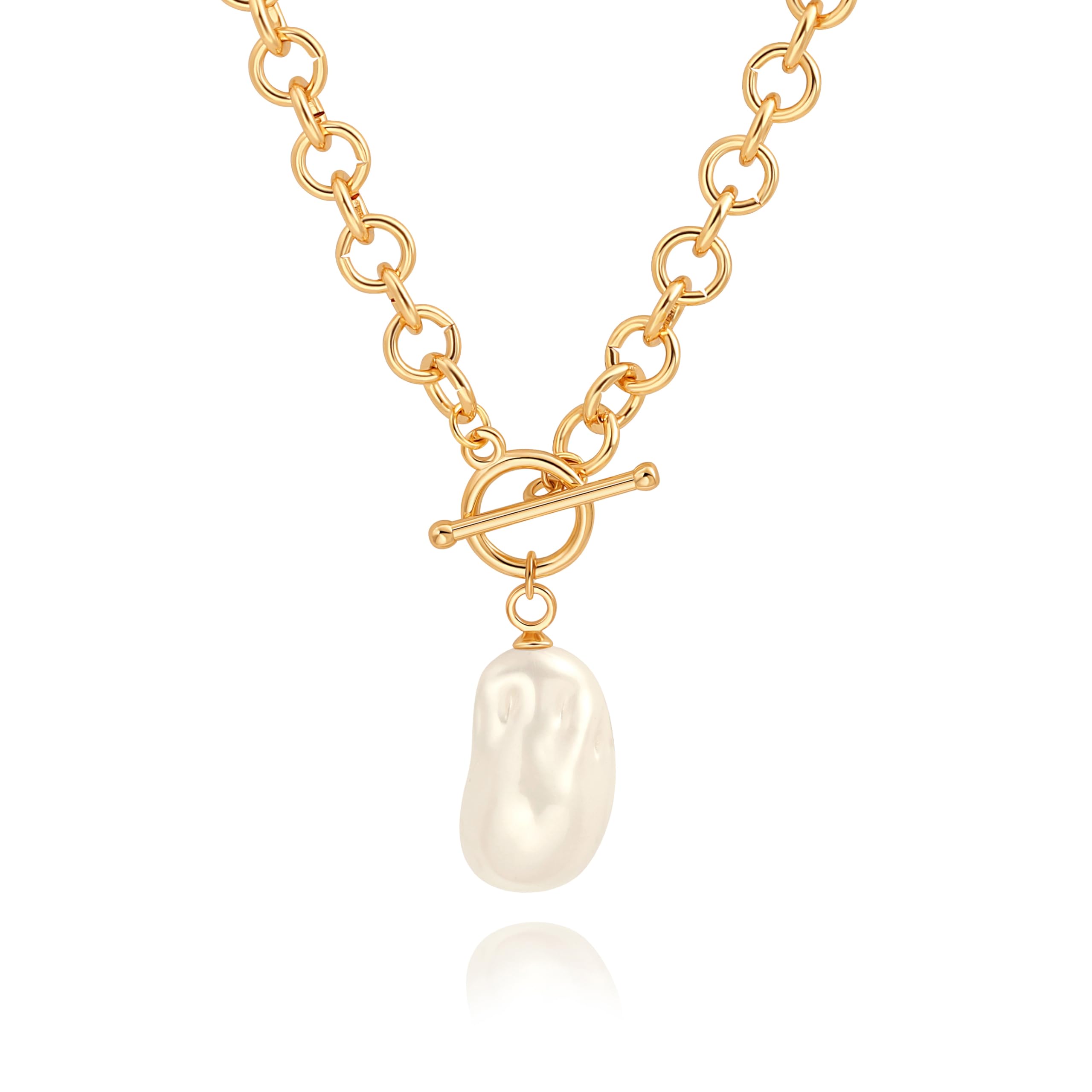 18k Gold Plated Chain Link Necklace for Women, Baroque Pearl/Compass Pendant Necklace