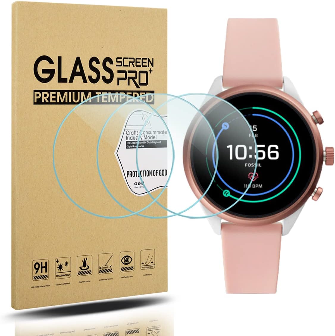 Diruite 3-Pack for Fossil Sport 41mm 2018 Gen 4 Screen Protector Tempered Glass for Fossil Sport 41mm Gen 4 Smartwatch [2.5D 9H Hardness] [Anti-Scratch] [No-Bubble]