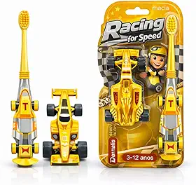 Escova de Dente Infantil com Brinquedo Carrinho Fórmula 1, Cerdas Ultra Macias, Cabeça Pequena, Cabo Ergonômico, 3 a 12 Anos, Livre de BPA (amarelo)