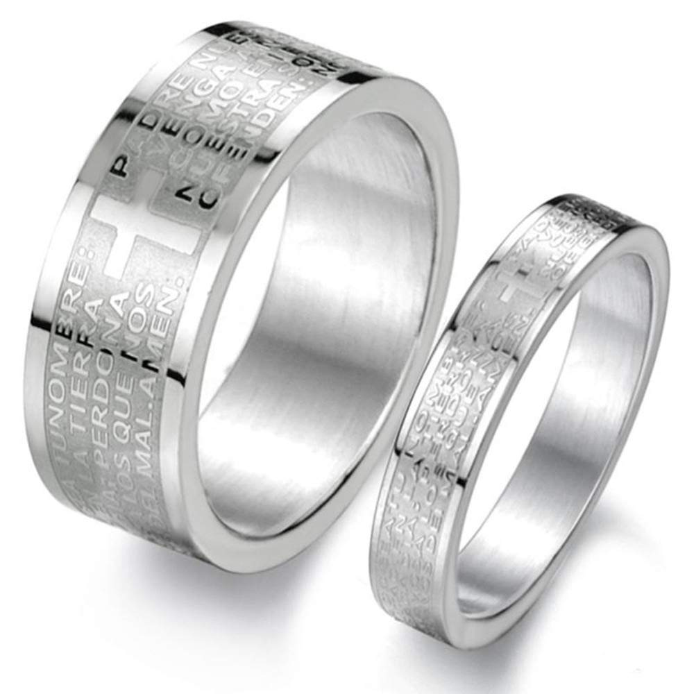 Fashion MonthMens Womens Stainless Steel Vintage Silver Couple Ring Spanish Bible Lords Prayer Cross White Gold Band