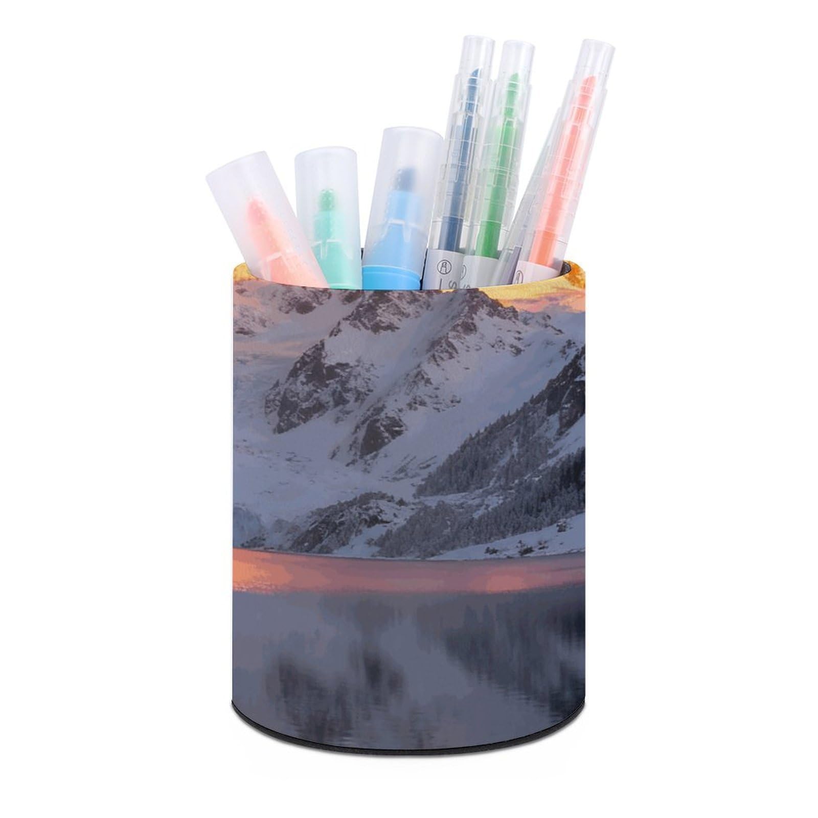 DWVTSLH Aesthetic Pen Holder for Desk - Modern Leather Pencil Holder - Stylish Round Makeup Brush Holder - Snow Mountain Lake View Pen Cup Cute And Functional Desk Organizer for Office Supplies