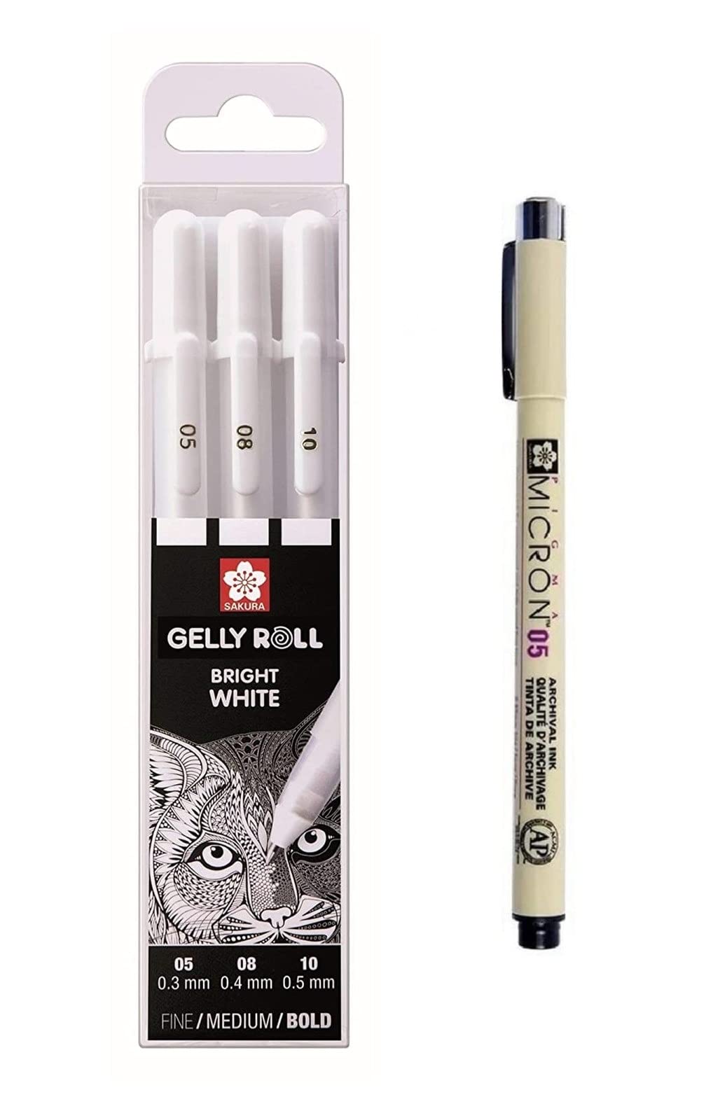 SAKURA Gelly Roll White, Bolígrafos Bright White en estuche, Mix-Size 05/08/10 Pigma Micron Black 05