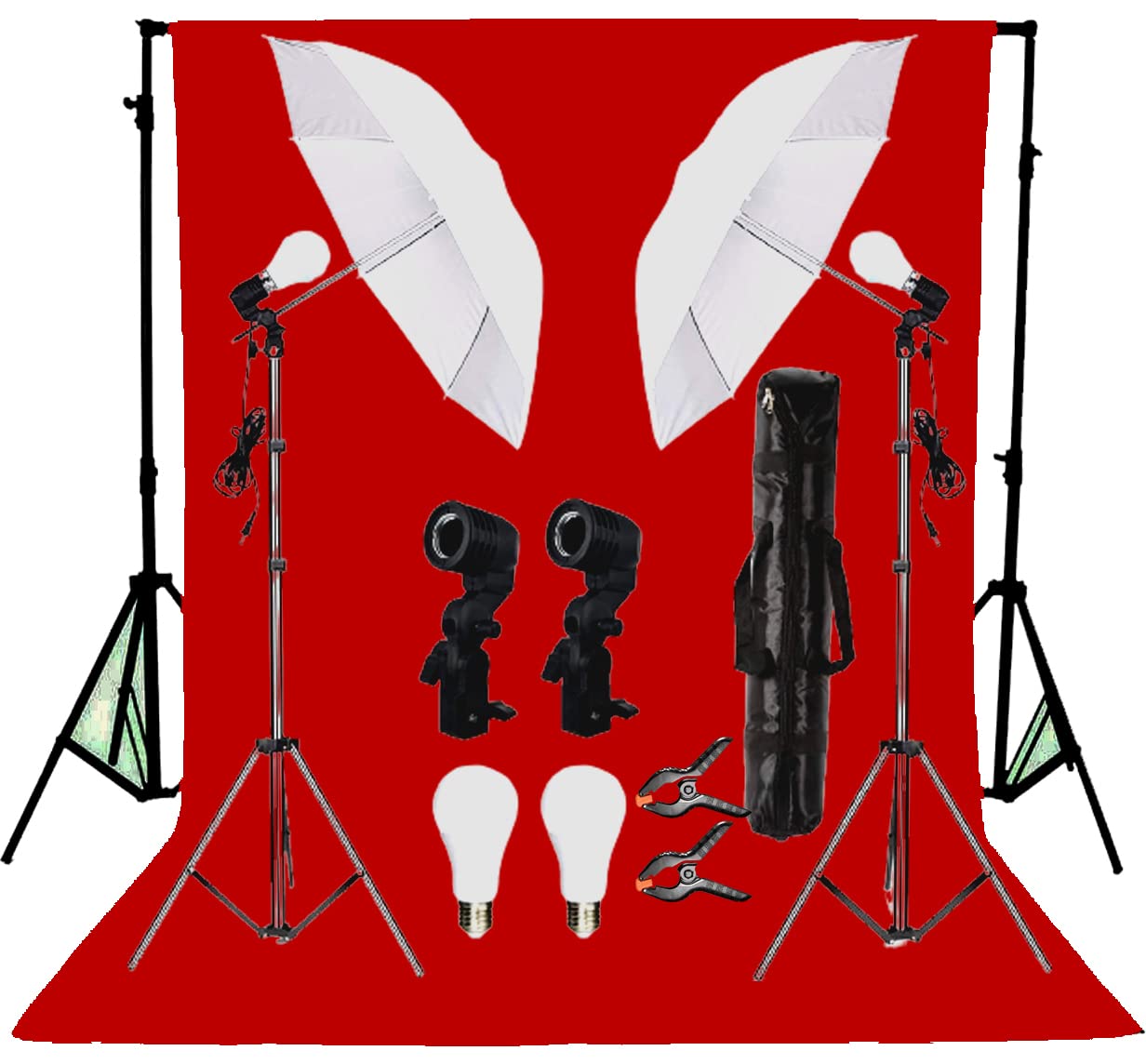 Giftmax Single Holder Umbrella Lighting Kit with Umbrella Studio Light with Backdrop Cloth Screen Photo Background Backdrop Stand Support System (Single Holder Kit + Red Screen)