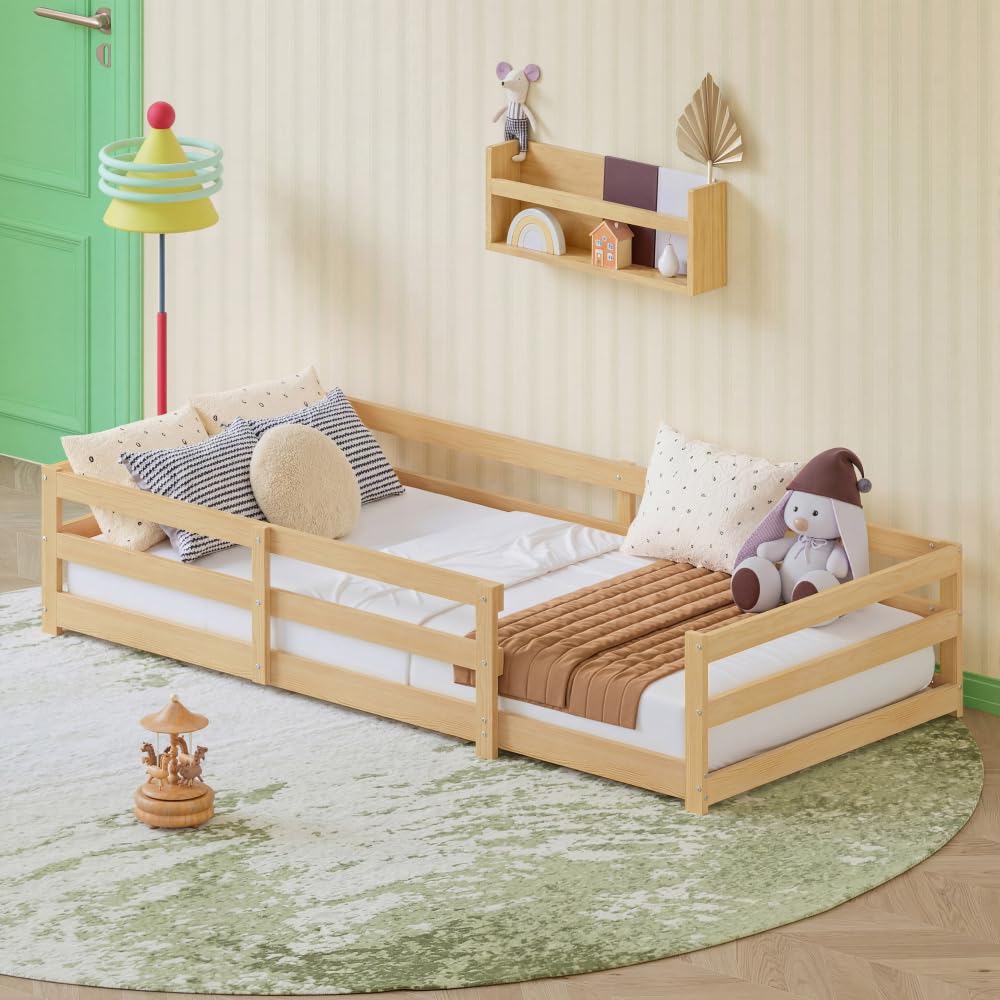 Montessori Łóżko dziecięce z drewna sosnowego, z obramowaniem bezpieczeństwa, łóżko blisko podłogi, dla małych dzieci, łatwy montaż, bez stelaża (90 x 200 cm, naturalne)
